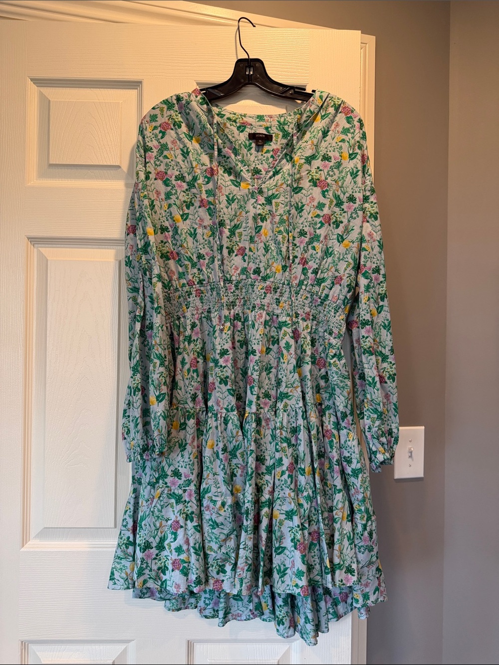 J. Crew Green Floral Long Sleeve Tiered Dress